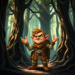 Chilchuck, an upset halfling, stands amidst a mysterious forest with a look of frustration