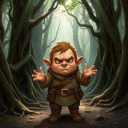 Chilchuck, an upset halfling, stands amidst a mysterious forest with a look of frustration