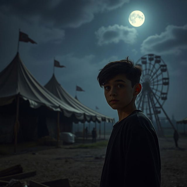 An abandoned circus at night, shrouded in mystery and looming with decaying tents and a rusted ferris wheel