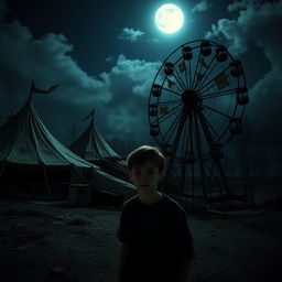 An abandoned circus at night, shrouded in mystery and looming with decaying tents and a rusted ferris wheel