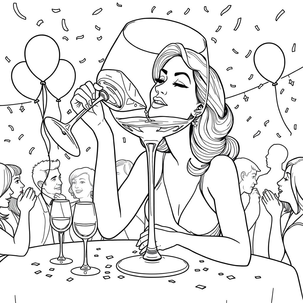 A surreal coloring page capturing the scene of a woman elegantly drinking from a gigantic wine glass, which dominates the entire tabletop at a lively party