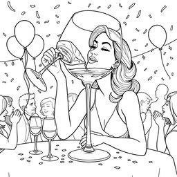 A surreal coloring page capturing the scene of a woman elegantly drinking from a gigantic wine glass, which dominates the entire tabletop at a lively party