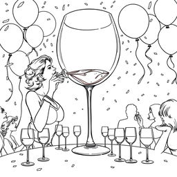 A surreal coloring page capturing the scene of a woman elegantly drinking from a gigantic wine glass, which dominates the entire tabletop at a lively party