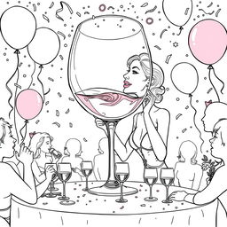 A surreal coloring page capturing the scene of a woman elegantly drinking from a gigantic wine glass, which dominates the entire tabletop at a lively party