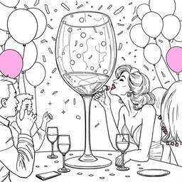 A surreal coloring page capturing the scene of a woman elegantly drinking from a gigantic wine glass, which dominates the entire tabletop at a lively party