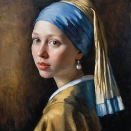 Oil painting of Johannes Vermeer's 'Girl with a Pearl Earring', done with a palette knife technique.