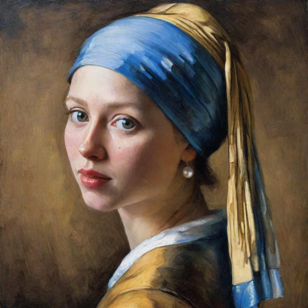 Oil painting of Johannes Vermeer's 'Girl with a Pearl Earring', done with a palette knife technique.