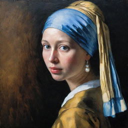 Oil painting of Johannes Vermeer's 'Girl with a Pearl Earring', done with a palette knife technique.