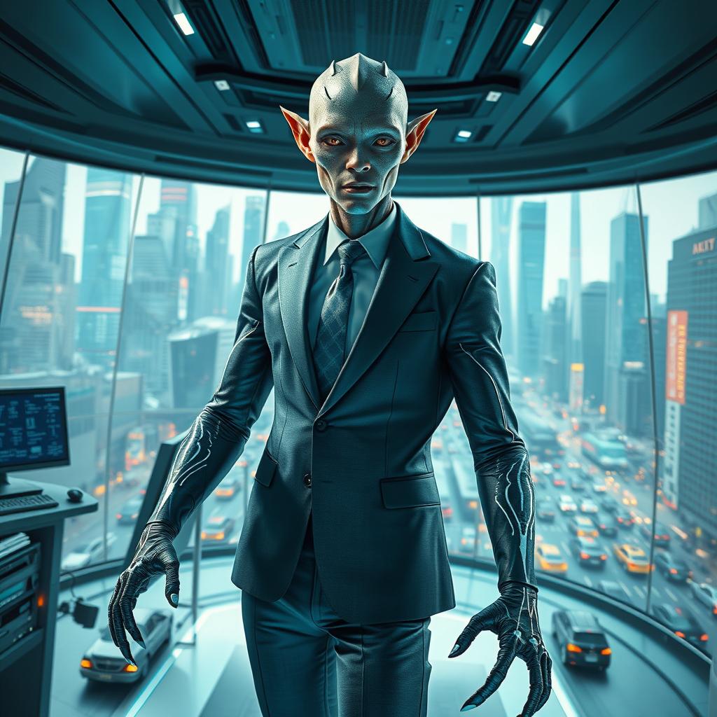 A futuristic scene depicting a human mutant advisor, exhibiting a unique blend of human and alien features