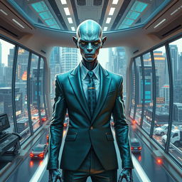 A futuristic scene depicting a human mutant advisor, exhibiting a unique blend of human and alien features