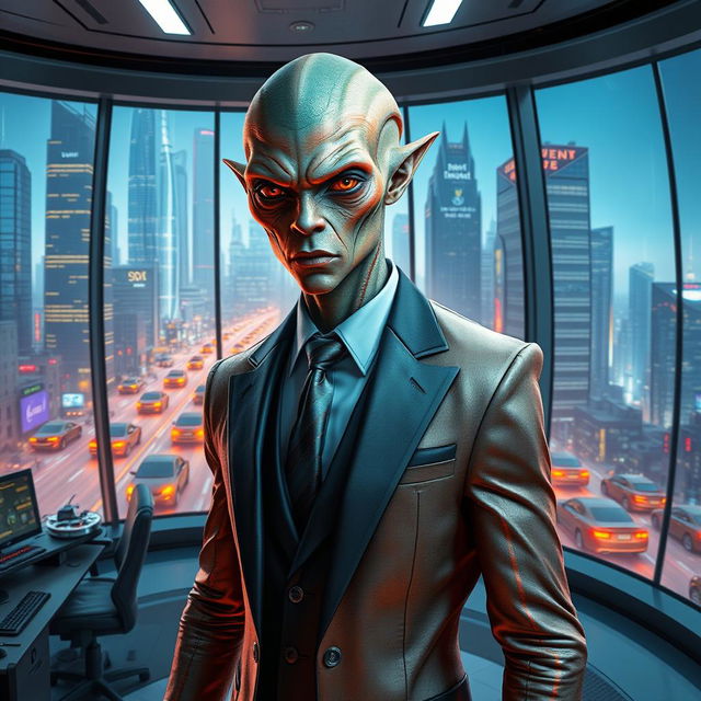 A futuristic scene depicting a human mutant advisor, exhibiting a unique blend of human and alien features