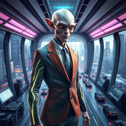 A futuristic scene depicting a human mutant advisor, exhibiting a unique blend of human and alien features