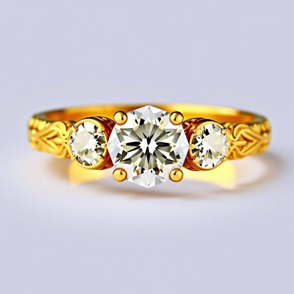 A luxurious vintage-style gold ring featuring a brilliant diamond at its center and two sparkling diamonds on either side