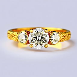 A luxurious vintage-style gold ring featuring a brilliant diamond at its center and two sparkling diamonds on either side