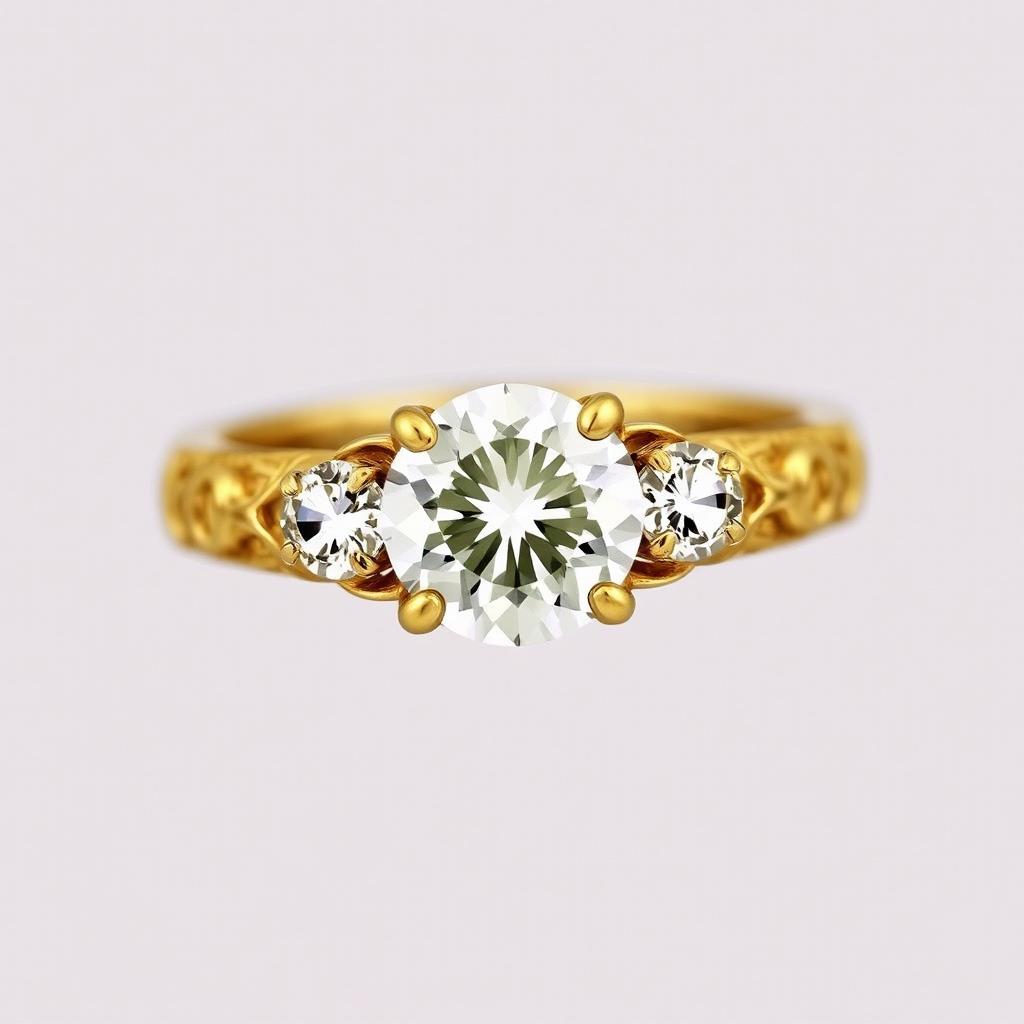 A luxurious vintage-style gold ring featuring a brilliant diamond at its center and two sparkling diamonds on either side