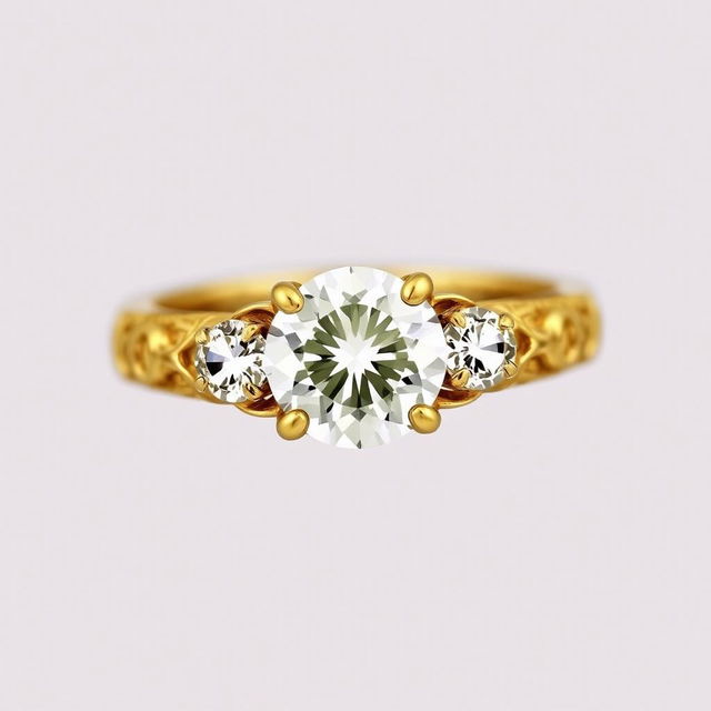 A luxurious vintage-style gold ring featuring a brilliant diamond at its center and two sparkling diamonds on either side