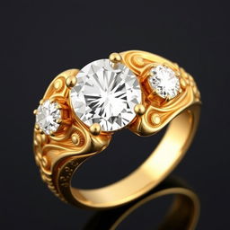 A luxurious vintage-style gold ring featuring a brilliant diamond at its center and two sparkling diamonds on either side