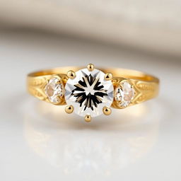 A luxurious vintage-style gold ring featuring a brilliant diamond at its center and two sparkling diamonds on either side