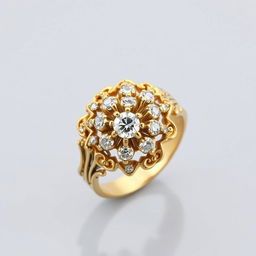 A vintage style gold ring adorned with diamonds arranged in a floral pattern