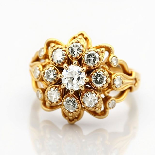 A vintage style gold ring adorned with diamonds arranged in a floral pattern