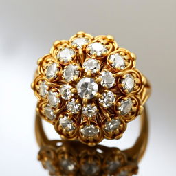 A vintage style gold ring adorned with diamonds arranged in a floral pattern