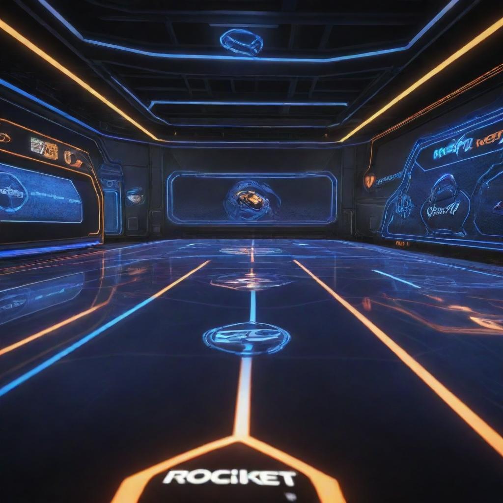 A dynamic and high-tech garage interface from the game Rocket League. Features neon lighting, polished floors reflecting futuristic cars, and spectacular holographic menus displaying equipment stats.