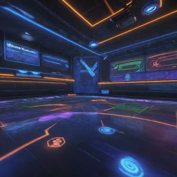 A dynamic and high-tech garage interface from the game Rocket League. Features neon lighting, polished floors reflecting futuristic cars, and spectacular holographic menus displaying equipment stats.