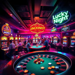 A dynamic and captivating casino gaming poster featuring a vibrant casino interior filled with glittering slot machines, a busy roulette table, and poker chips scattered around