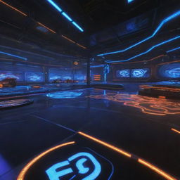 A dynamic and high-tech garage interface from the game Rocket League. Features neon lighting, polished floors reflecting futuristic cars, and spectacular holographic menus displaying equipment stats.