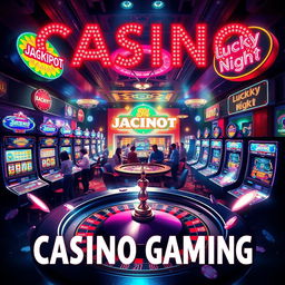 A dynamic and captivating casino gaming poster featuring a vibrant casino interior filled with glittering slot machines, a busy roulette table, and poker chips scattered around