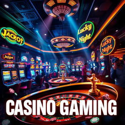 A dynamic and captivating casino gaming poster featuring a vibrant casino interior filled with glittering slot machines, a busy roulette table, and poker chips scattered around