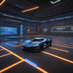 A dynamic and high-tech garage interface from the game Rocket League. Features neon lighting, polished floors reflecting futuristic cars, and spectacular holographic menus displaying equipment stats.