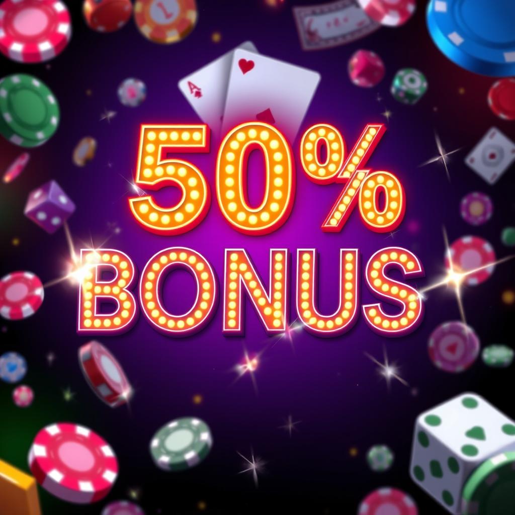 An enticing casino promotion banner showcasing a bold and colorful design, featuring a 50% bonus prominently displayed