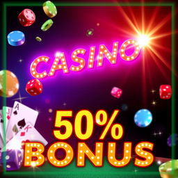 An enticing casino promotion banner showcasing a bold and colorful design, featuring a 50% bonus prominently displayed