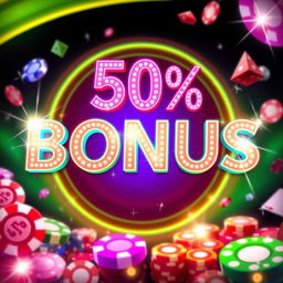 An enticing casino promotion banner showcasing a bold and colorful design, featuring a 50% bonus prominently displayed