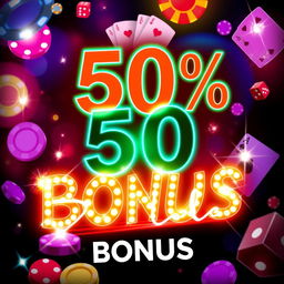 An enticing casino promotion banner showcasing a bold and colorful design, featuring a 50% bonus prominently displayed