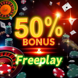 An exciting casino promotion banner featuring a striking and colorful design, showcasing a 50% bonus and Freeplay offered prominently