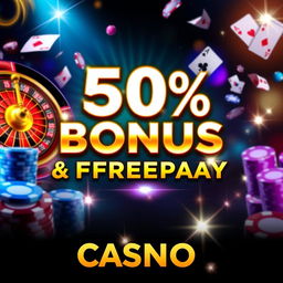 An exciting casino promotion banner featuring a striking and colorful design, showcasing a 50% bonus and Freeplay offered prominently