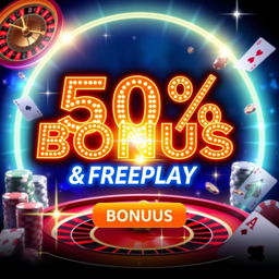 An exciting casino promotion banner featuring a striking and colorful design, showcasing a 50% bonus and Freeplay offered prominently