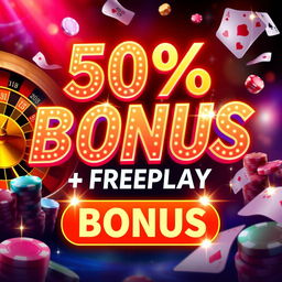 An exciting casino promotion banner featuring a striking and colorful design, showcasing a 50% bonus and Freeplay offered prominently