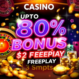 A captivating casino promotion banner featuring a vibrant and eye-catching design, presenting an UPTO 80% bonus and $2 Freeplay prominently