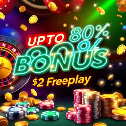 A captivating casino promotion banner featuring a vibrant and eye-catching design, presenting an UPTO 80% bonus and $2 Freeplay prominently