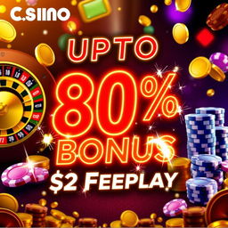 A captivating casino promotion banner featuring a vibrant and eye-catching design, presenting an UPTO 80% bonus and $2 Freeplay prominently