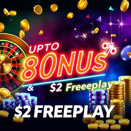 A captivating casino promotion banner featuring a vibrant and eye-catching design, presenting an UPTO 80% bonus and $2 Freeplay prominently