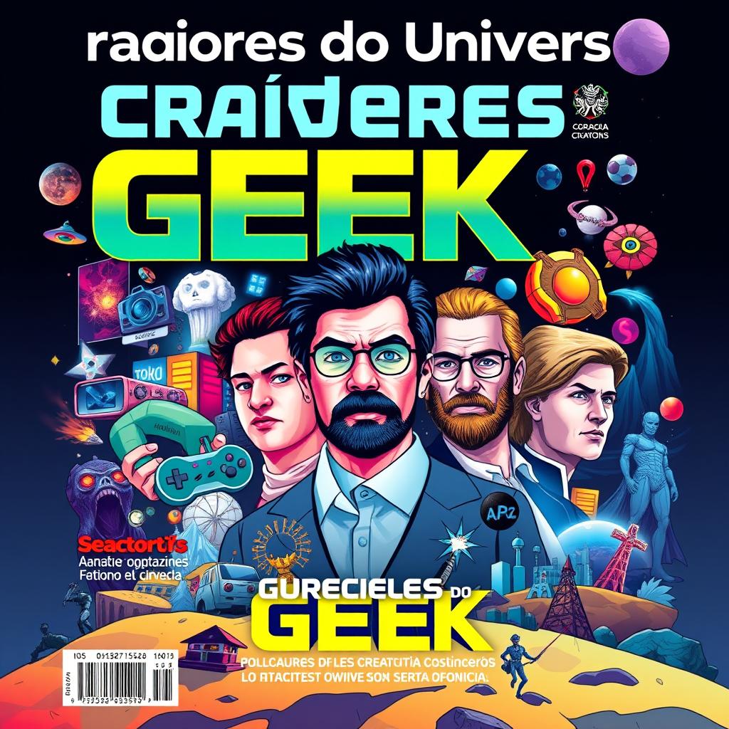 A captivating magazine cover titled "Criadores do Universo Geek"