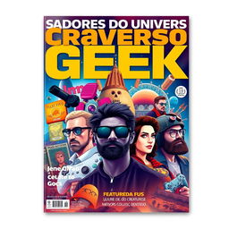 A captivating magazine cover titled "Criadores do Universo Geek"