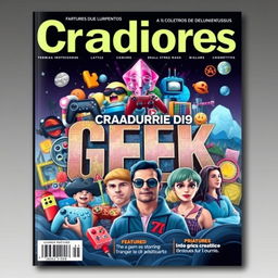 A captivating magazine cover titled "Criadores do Universo Geek"