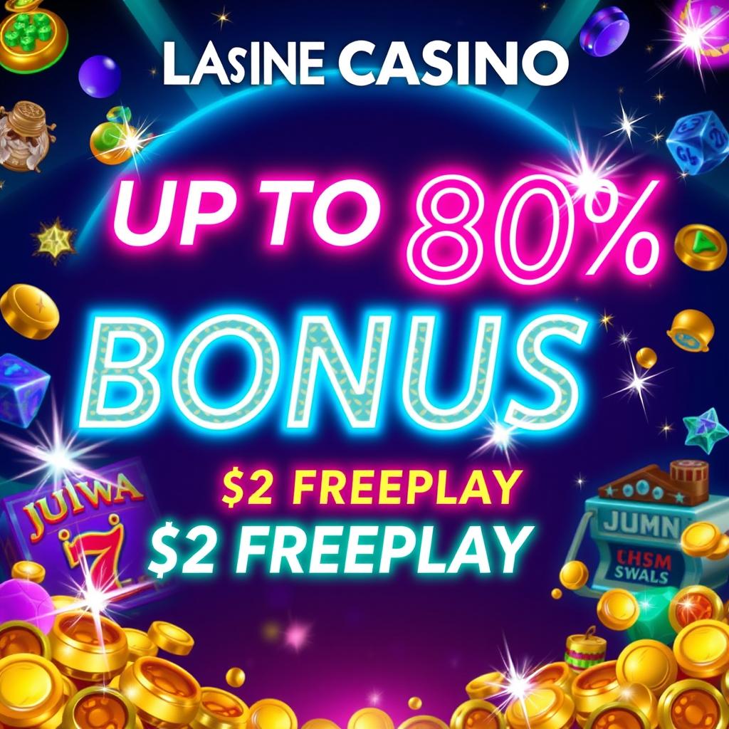 An enticing casino promotion banner featuring a vibrant and eye-catching design, presenting an UPTO 80% bonus and $2 Freeplay prominently