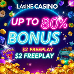 An enticing casino promotion banner featuring a vibrant and eye-catching design, presenting an UPTO 80% bonus and $2 Freeplay prominently