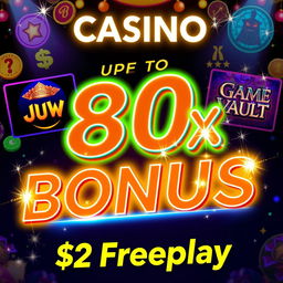 An enticing casino promotion banner featuring a vibrant and eye-catching design, presenting an UPTO 80% bonus and $2 Freeplay prominently